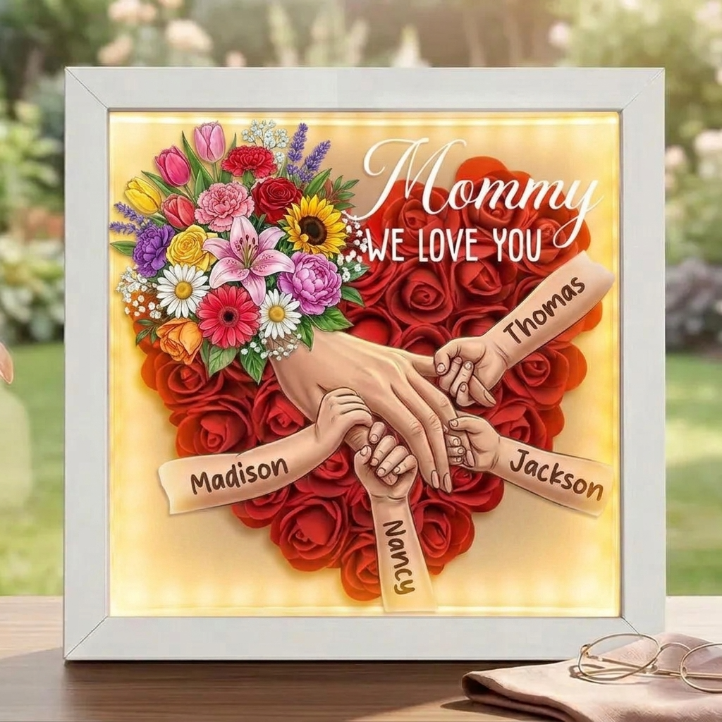 "Mixed Bouquet"-Personalized Mom Holding Hands Flower Shadow Box-Mother's Day Remembrance Frame, In Loving Memory Gift