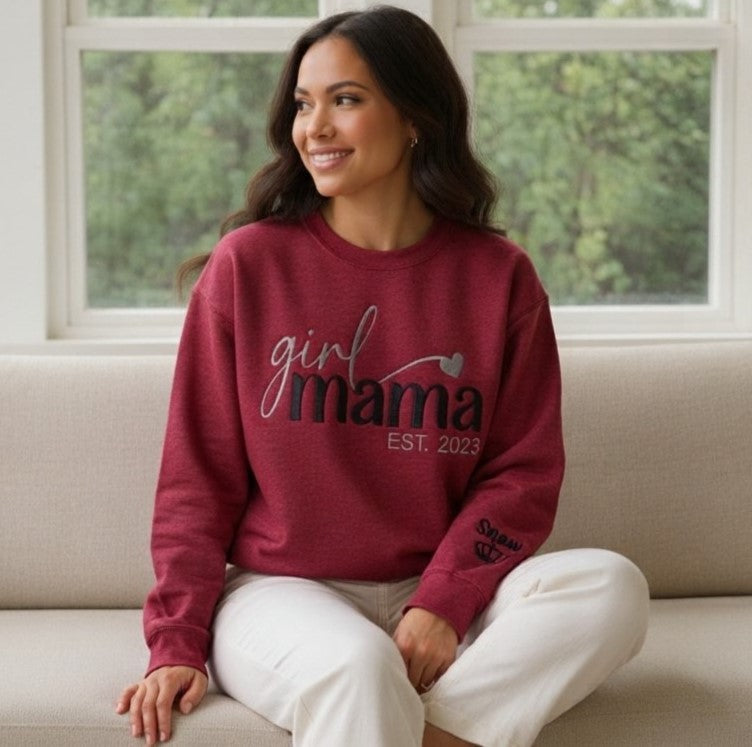 Girl Mama Sweatshirt or Hoodie with Kid Names on Sleeve - Embroidered Gift for Girl Mama