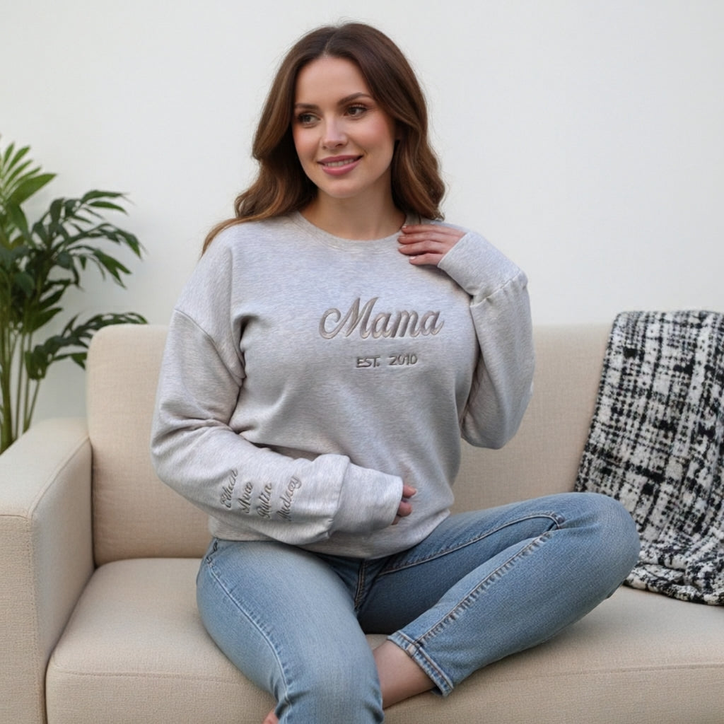 Custom Mama Embroidered Sweatshirt – Personalized Kids Names Sleeve & Est. Year Crewneck