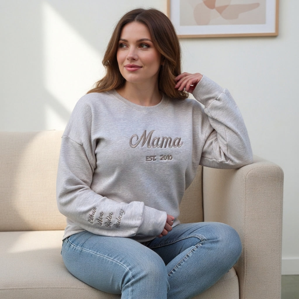 Custom Mama Embroidered Sweatshirt – Personalized Kids Names Sleeve & Est. Year Crewneck