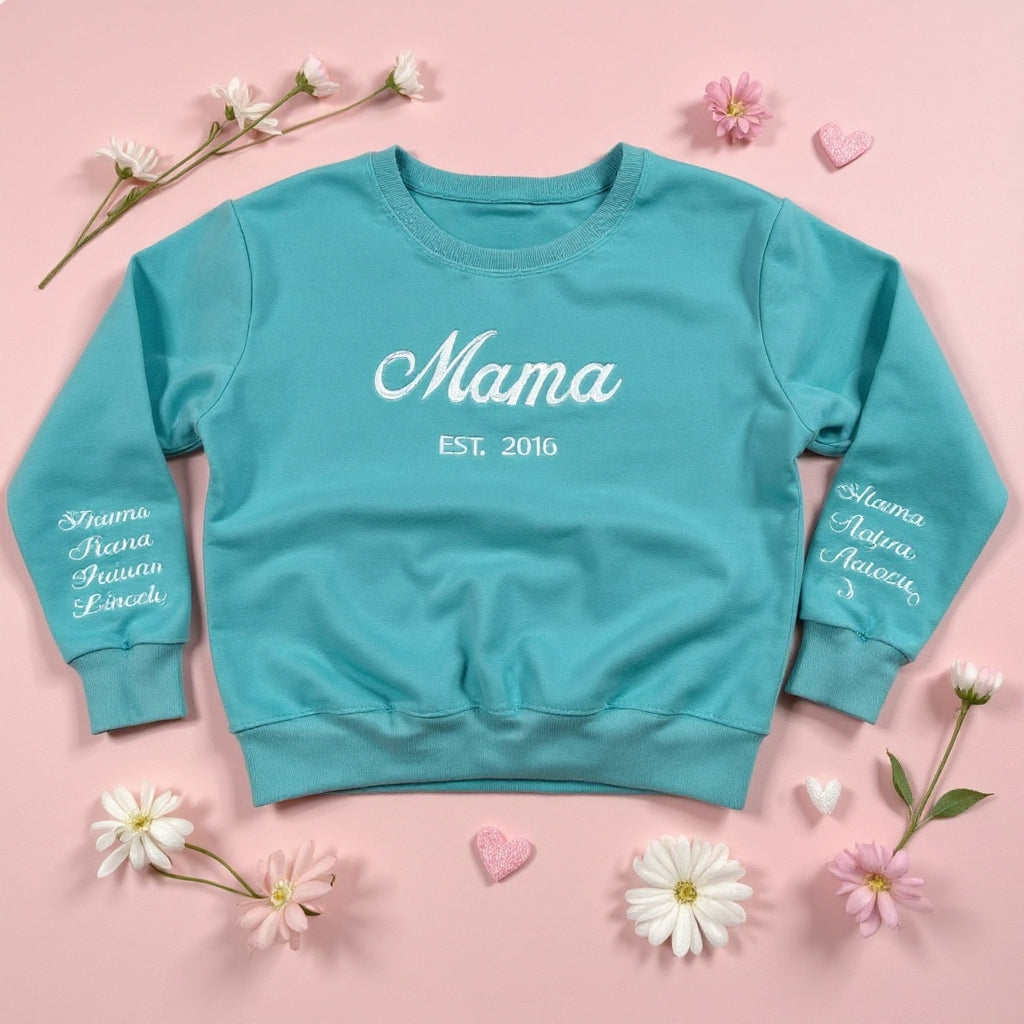 Custom Mama Embroidered Sweatshirt – Personalized Kids Names Sleeve & Est. Year Crewneck