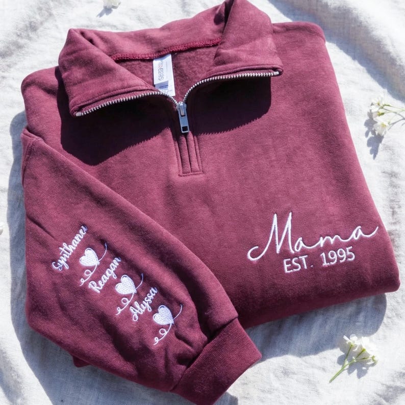 Custom Embroidered Mama Quarter Zip Sweatshirt with Names | Mother's Day Gift