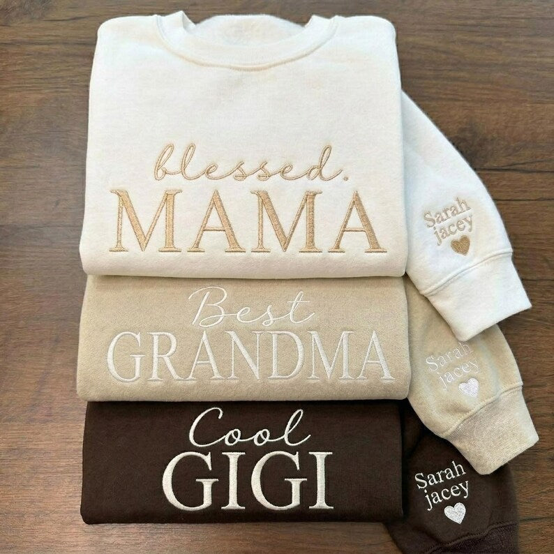 Custom Embroidered "Blessed Mama" Sweatshirt with Name on Sleeve | Gift for Mothers Day