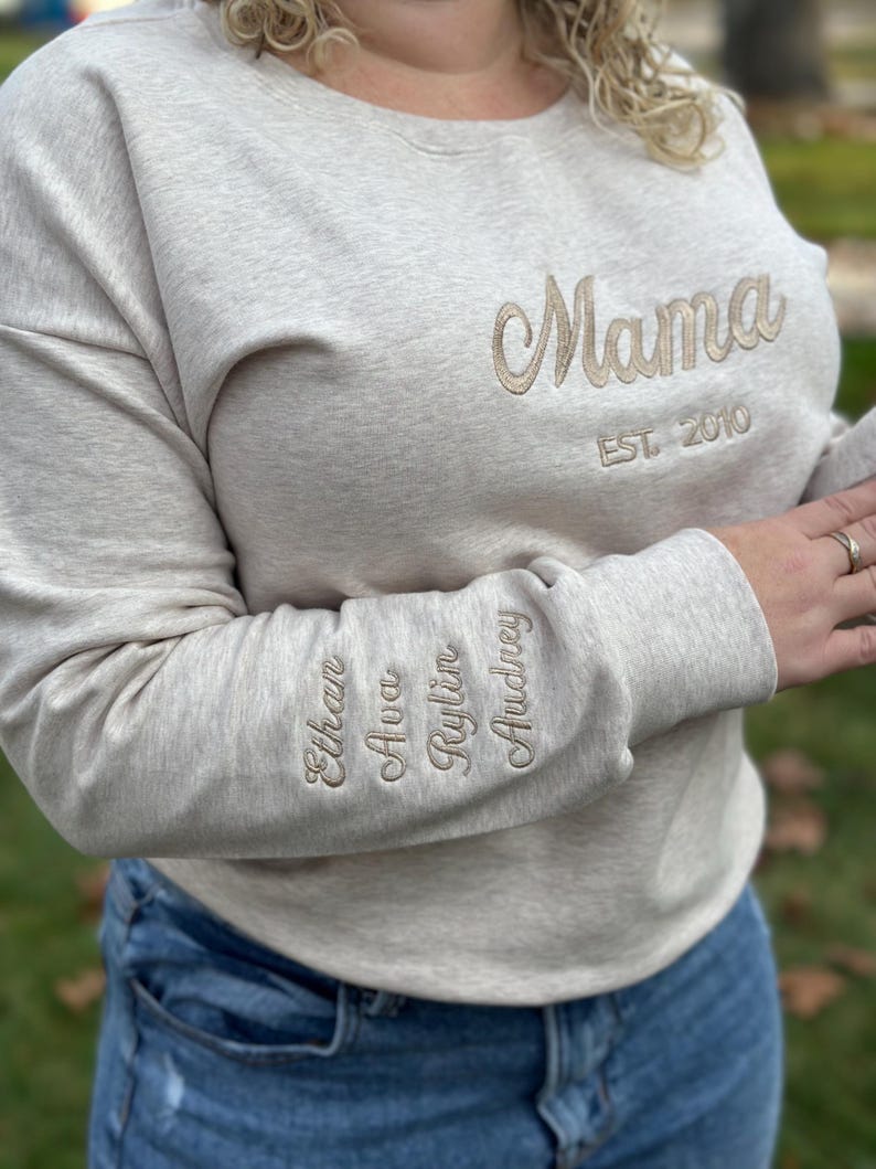 Custom Mama Embroidered Sweatshirt – Personalized Kids Names Sleeve & Est. Year Crewneck
