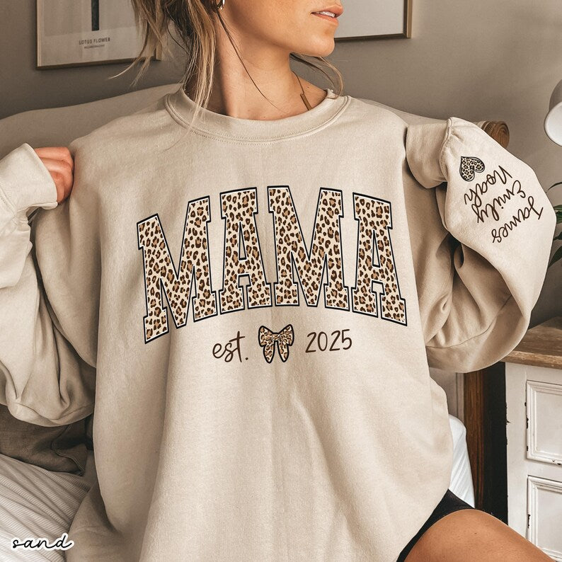 Custom Leopard Mama Heat Transfer Print Sweatshirt With Kid Name On Sleeve | Mother's Day Gift