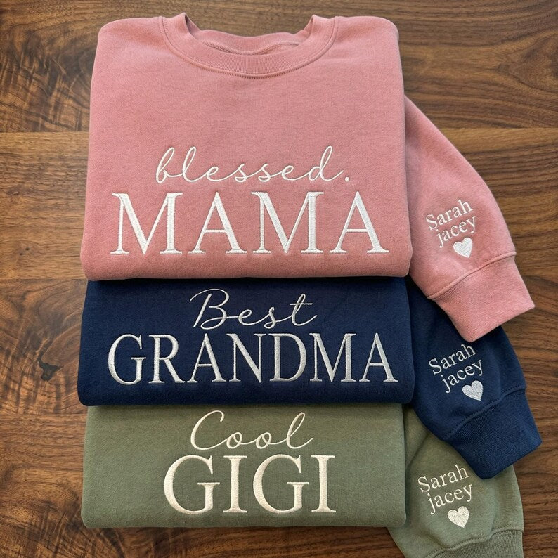 Custom Embroidered "Blessed Mama" Sweatshirt with Name on Sleeve | Gift for Mothers Day