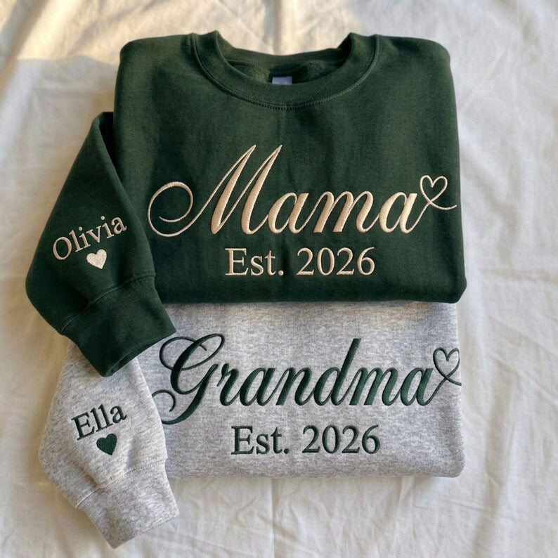 Custom Embroidered Mama Grandma Sweatshirt, Name On Sleeve With Heart | Mothers Day Gifts