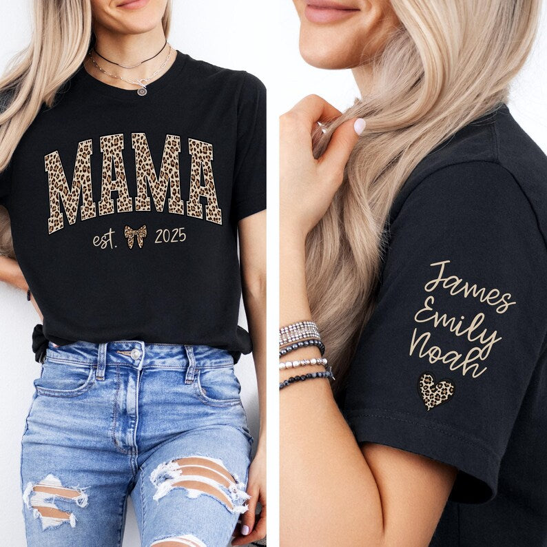 Custom Leopard Mama Heat Transfer Print Sweatshirt With Kid Name On Sleeve | Mother's Day Gift