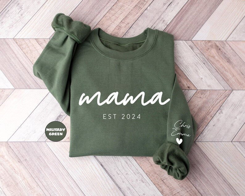 Personalized Mom and Est. Date Heat Transfer Print Sweatshirt with Kids Name on Sleeve | Mother's Day Gift