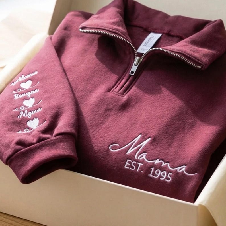 Custom Embroidered Mama Quarter Zip Sweatshirt with Names | Mother's Day Gift