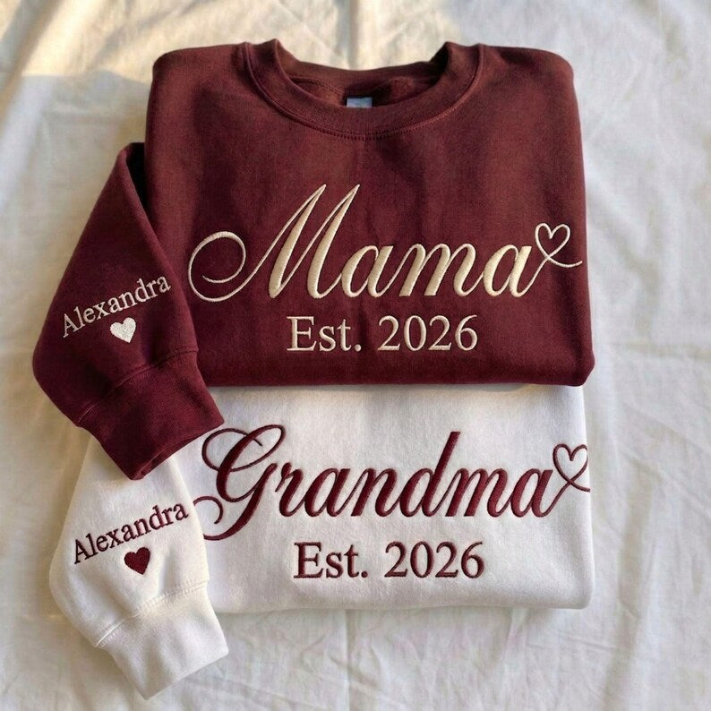 Custom Embroidered Mama Grandma Sweatshirt, Name On Sleeve With Heart | Mothers Day Gifts
