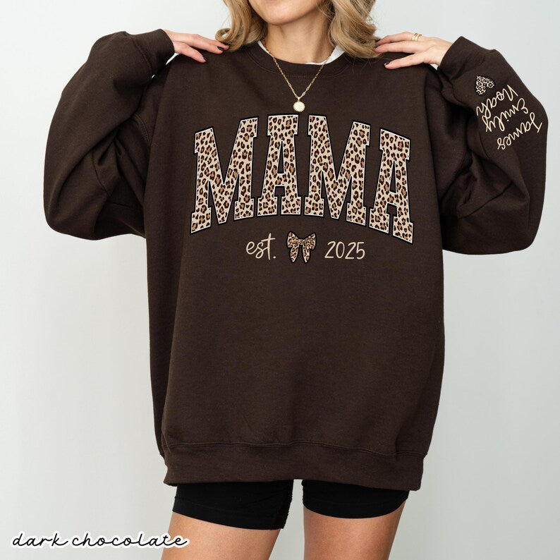 Custom Leopard Mama Heat Transfer Print Sweatshirt With Kid Name On Sleeve | Mother's Day Gift