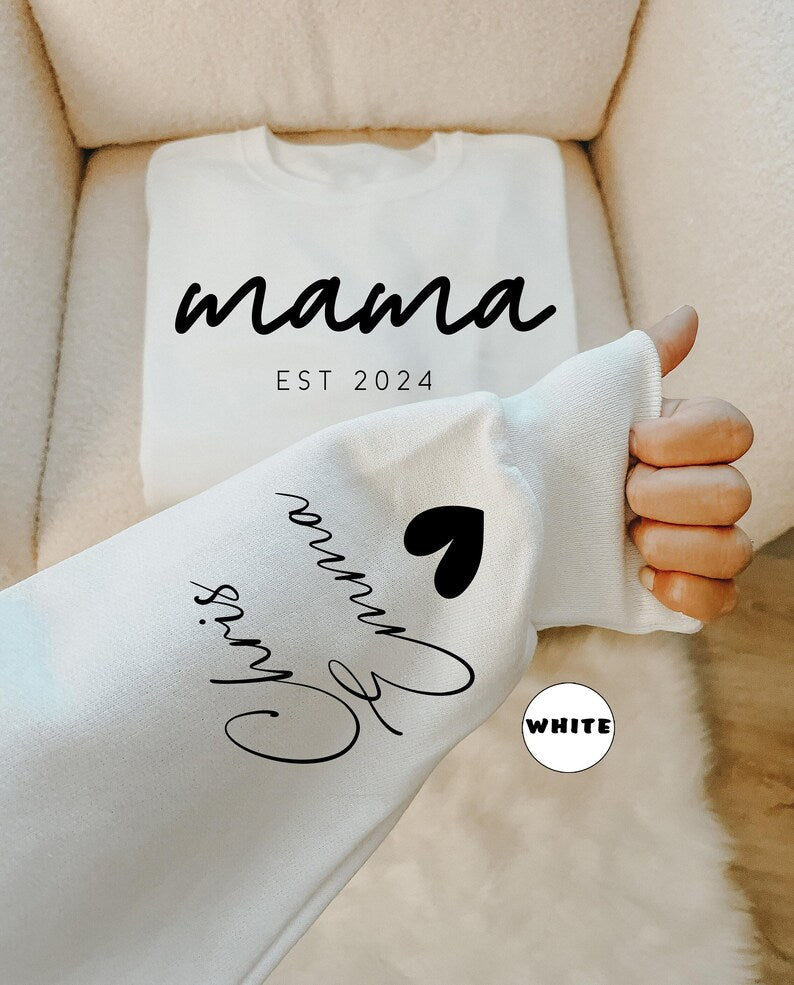 Personalized Mom and Est. Date Heat Transfer Print Sweatshirt with Kids Name on Sleeve | Mother's Day Gift