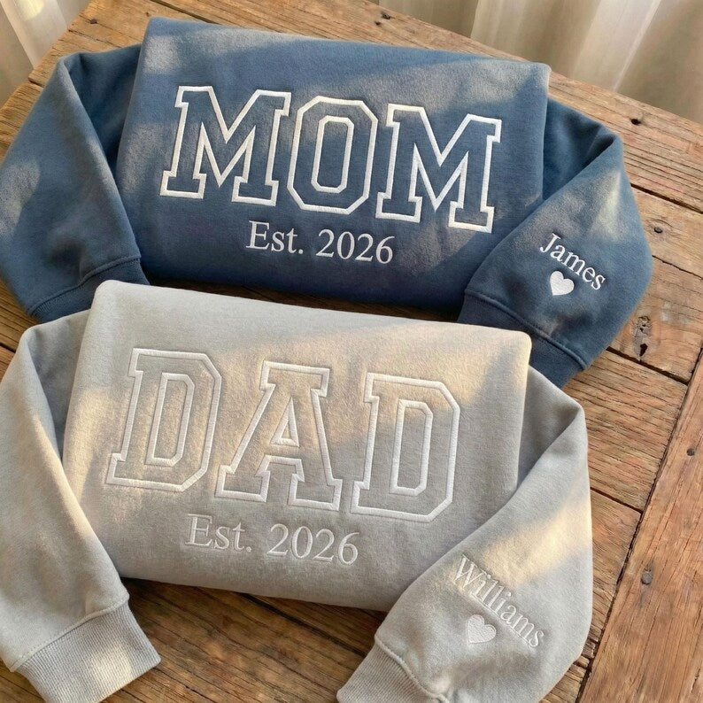 Custom Embroidered Mom Dad Sweatshirt with Name On Sleeve | Mother's Day