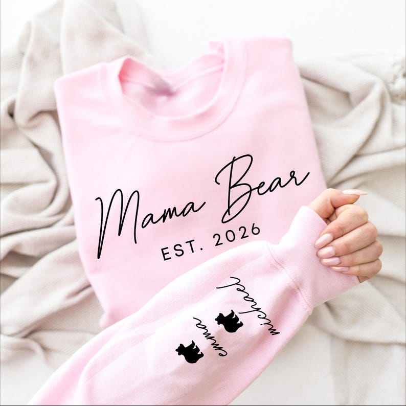 Custom Mama Bear Heat Transfer Print Sweatshirt With Kids Name On Sleeve | Mothers Day Gift