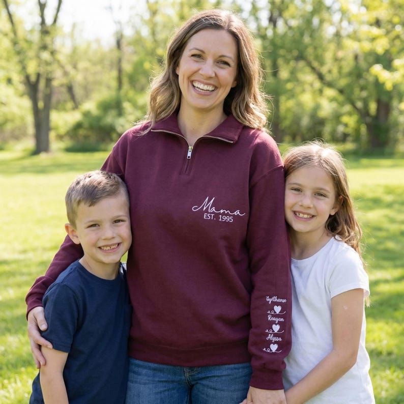 Custom Embroidered Mama Quarter Zip Sweatshirt with Names | Mother's Day Gift