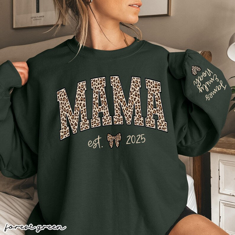 Custom Leopard Mama Heat Transfer Print Sweatshirt With Kid Name On Sleeve | Mother's Day Gift