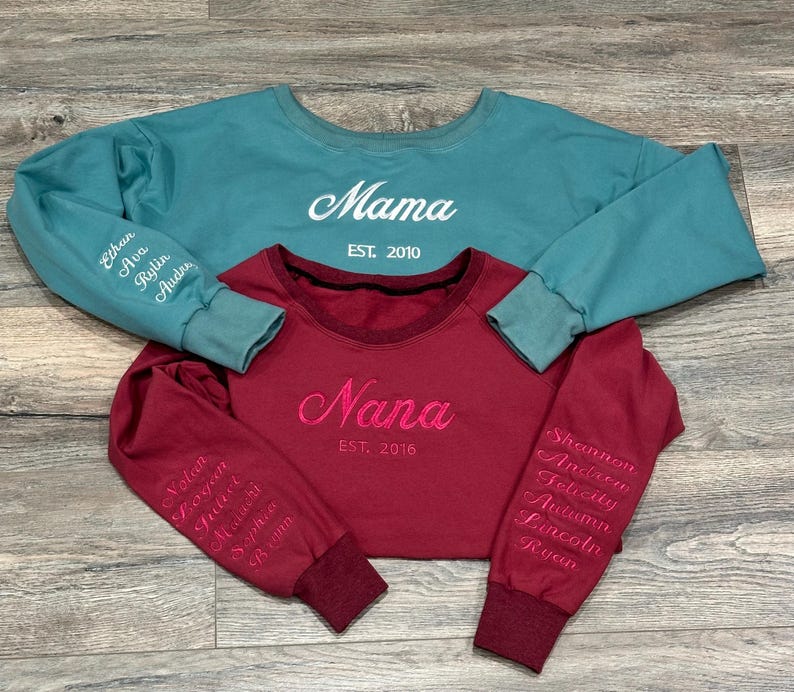 Custom Mama Embroidered Sweatshirt – Personalized Kids Names Sleeve & Est. Year Crewneck