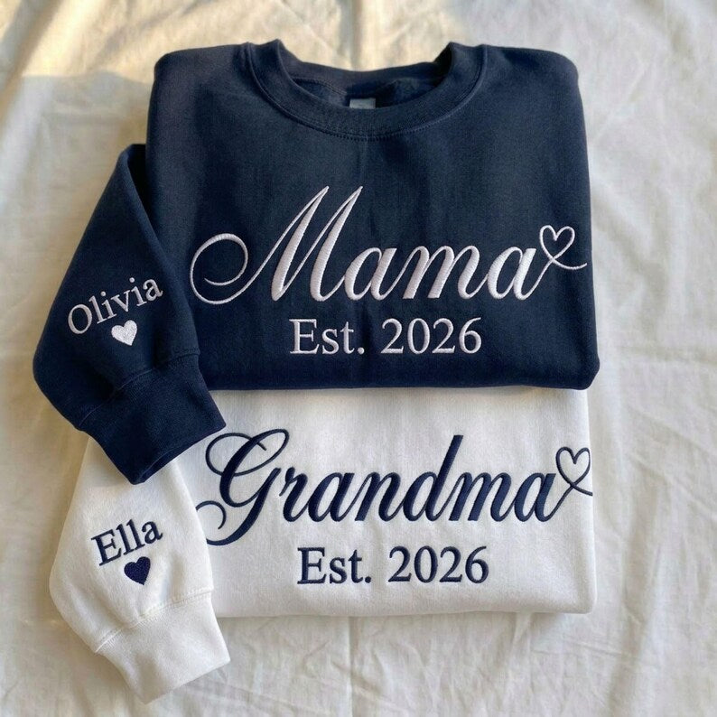 Custom Embroidered Mama Grandma Sweatshirt, Name On Sleeve With Heart | Mothers Day Gifts