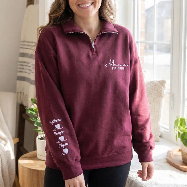 Custom Embroidered Mama Quarter Zip Sweatshirt with Names | Mother's Day Gift