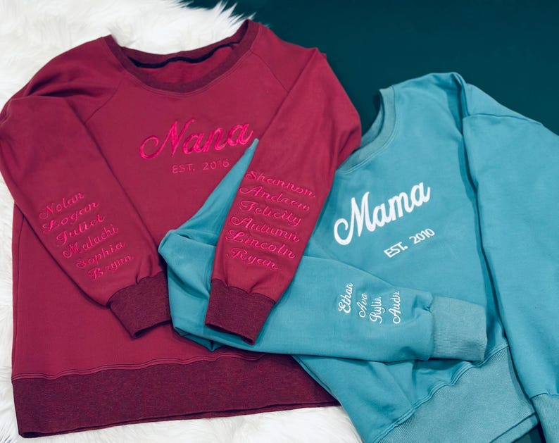 Custom Mama Embroidered Sweatshirt – Personalized Kids Names Sleeve & Est. Year Crewneck