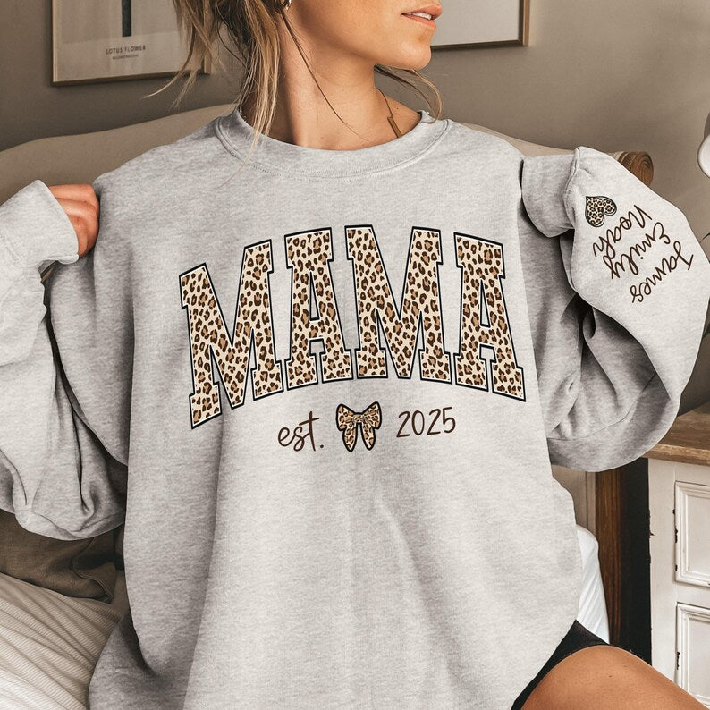 Custom Leopard Mama Heat Transfer Print Sweatshirt With Kid Name On Sleeve | Mother's Day Gift