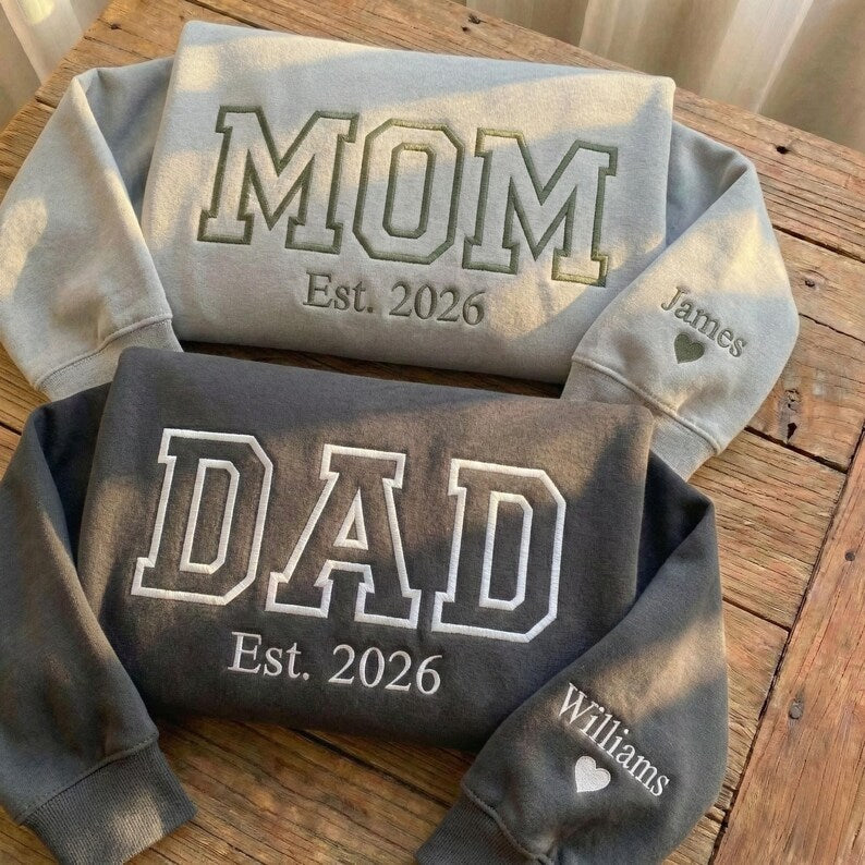 Custom Embroidered Mom Dad Sweatshirt with Name On Sleeve | Mother's Day