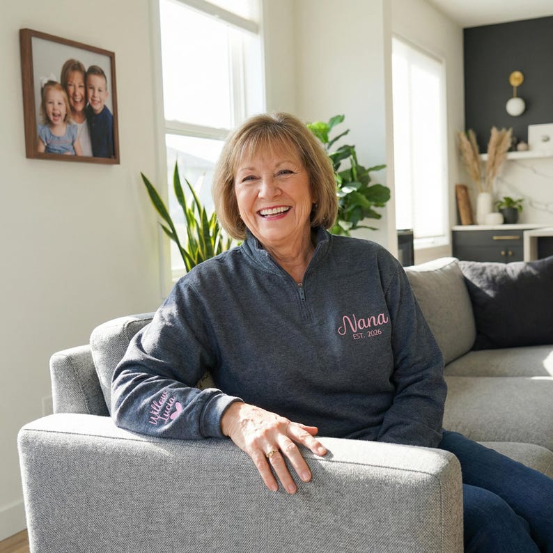 Custom Embroidered Nana EST Quarter Zip Sweatshirt for Grandma | Mother's Day Gift
