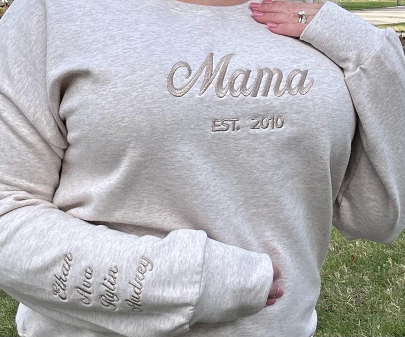 Custom Mama Embroidered Sweatshirt – Personalized Kids Names Sleeve & Est. Year Crewneck