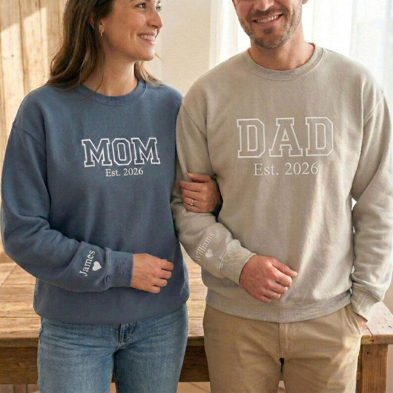Custom Embroidered Mom Dad Sweatshirt with Name On Sleeve | Mother's Day