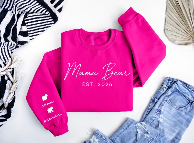 Custom Mama Bear Heat Transfer Print Sweatshirt With Kids Name On Sleeve | Mothers Day Gift
