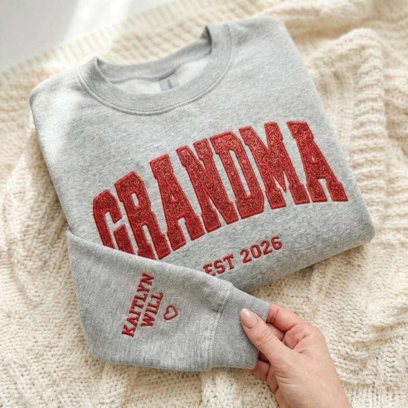 Custom Arched Glitter Embroidered Grandma Sweatshirt | Mother's Day Gifts