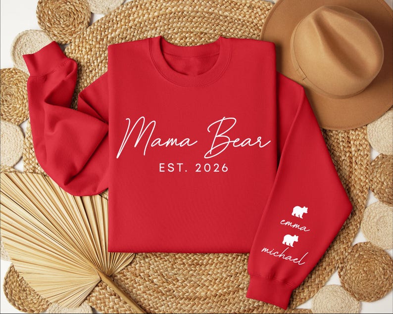 Custom Mama Bear Heat Transfer Print Sweatshirt With Kids Name On Sleeve | Mothers Day Gift