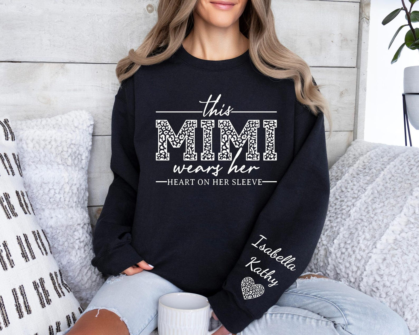 This Mimi Wears Her Heart On Her Sleeve-Custom Sweatshirt With Kids Name