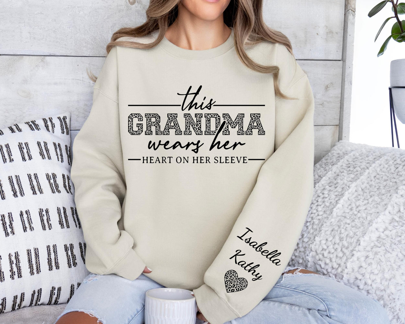 This Grandma Wears Her Heart On Her Sleeve-Custom Sweatshirt With Kids Name