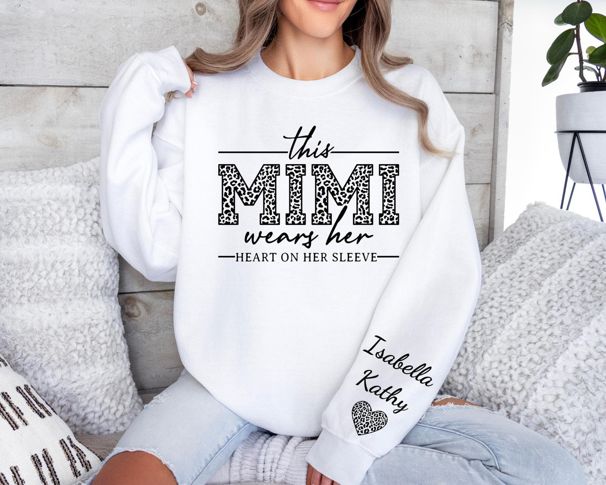 This Mimi Wears Her Heart On Her Sleeve-Custom Sweatshirt With Kids Name