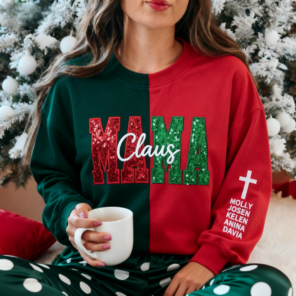 Custom Two Tone Sequins Mama Sweatshirt Christmas Split Fashion Embroidered Hoodie