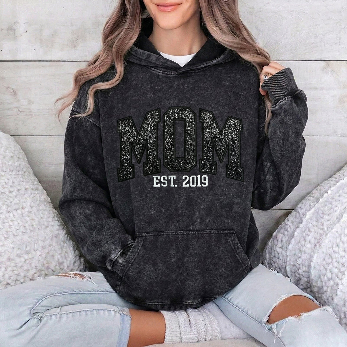 Custom Embroidered Applique Glitter Mama Washed Sweatshirt - Gift for Mom