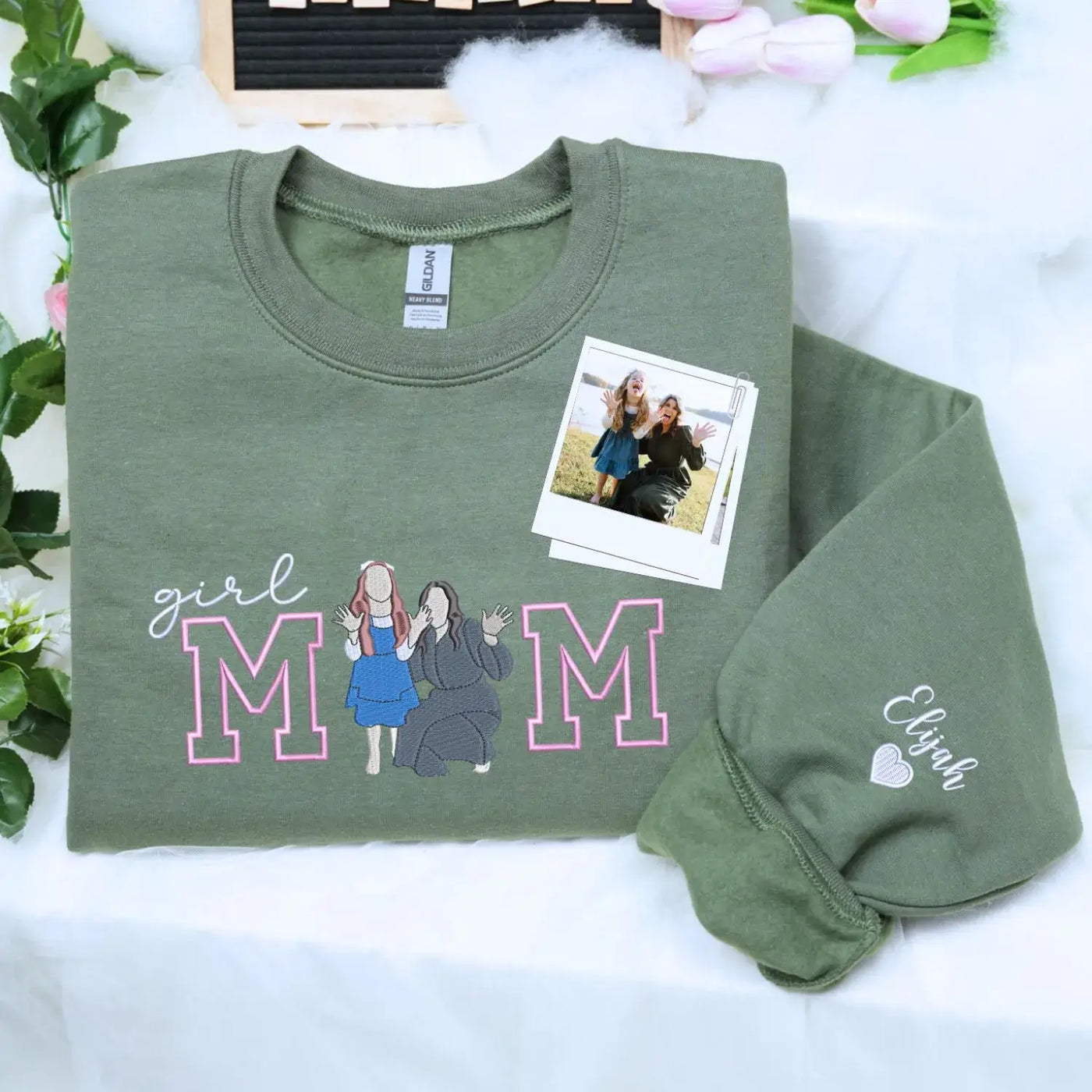 Custom Girl Mom with Embroidered Portrait from Photo and Kids Name Sweatshirt | Mother's Day Gift