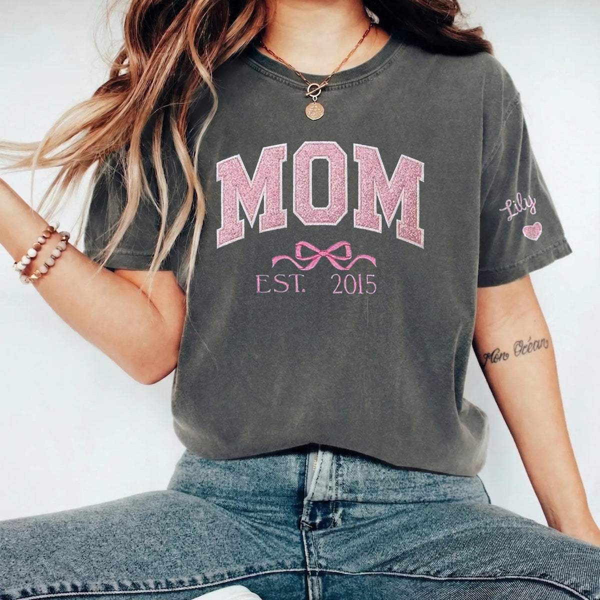 Mom glitter embroidered Washed T-shirt&sweatshirt mother day/personalized year.