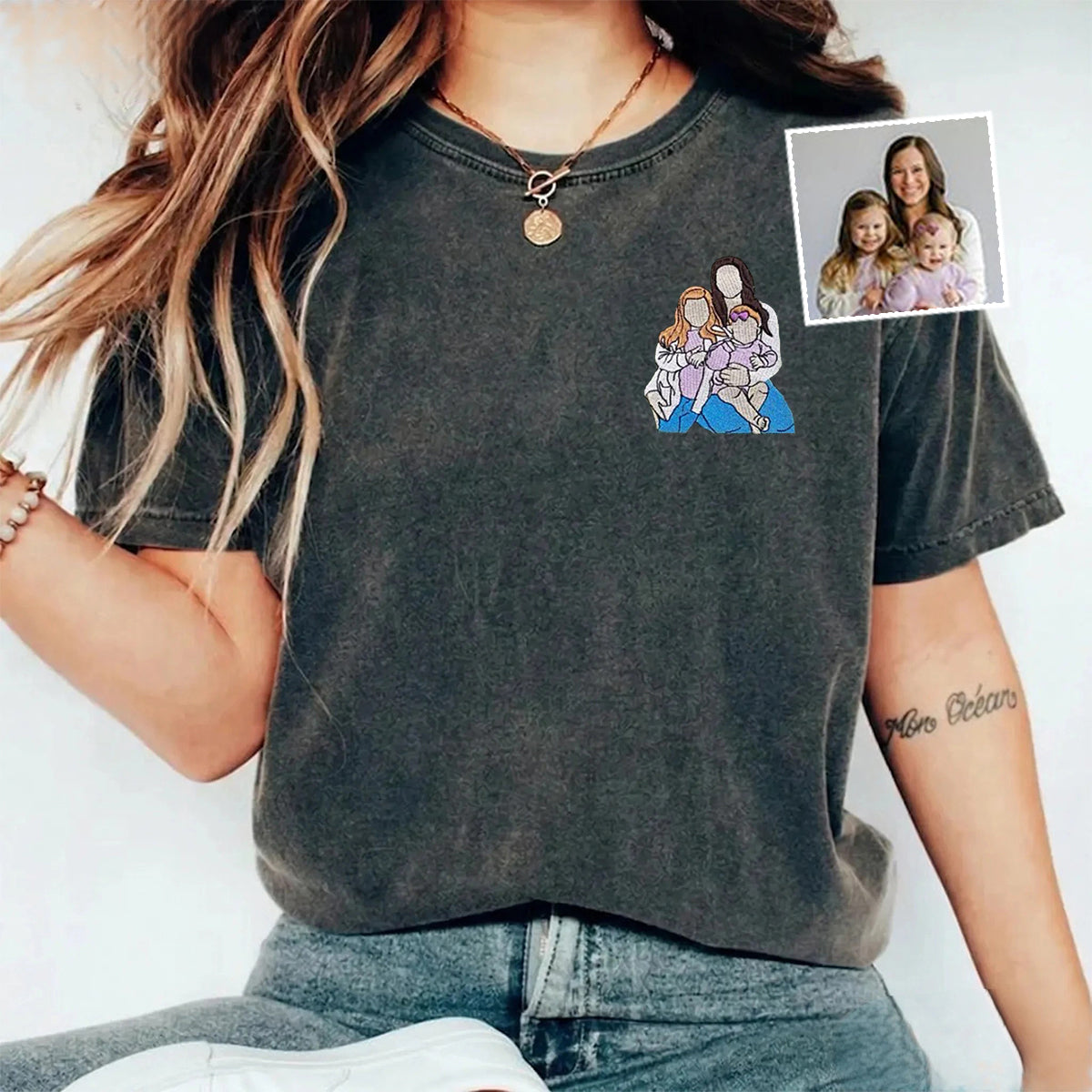 Custom Mama,Mom Portrait Embroidered Washed Sweatshirt | Mother's Day Gift