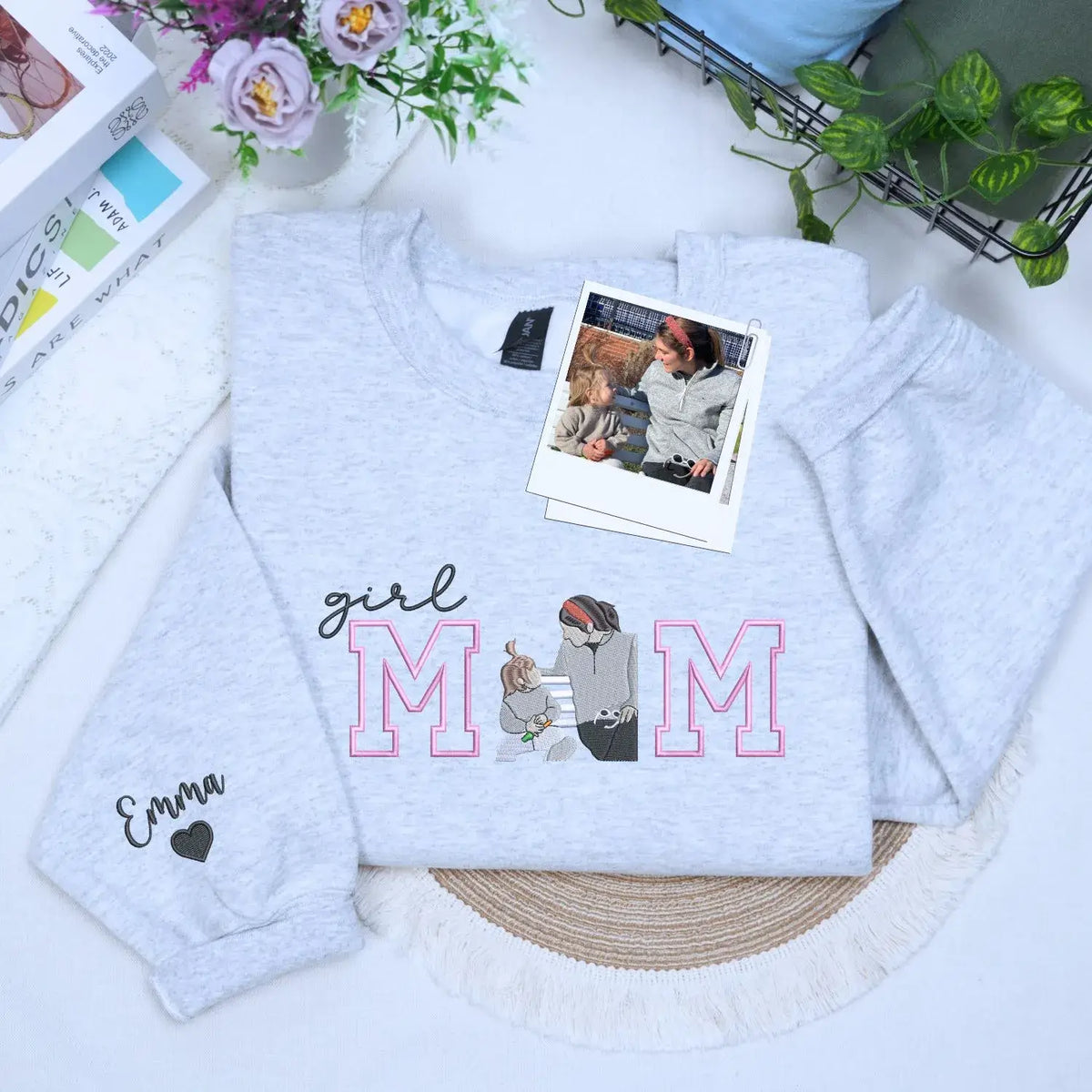 Custom Girl Mom with Embroidered Portrait from Photo and Kids Name Sweatshirt | Mother's Day Gift