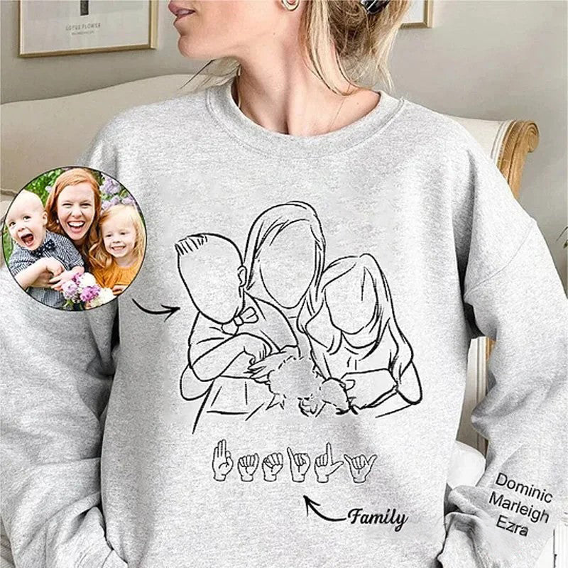 Custom Photo Outline Embroidered Sweatshirt with Sign Language | Mother's Day Gift