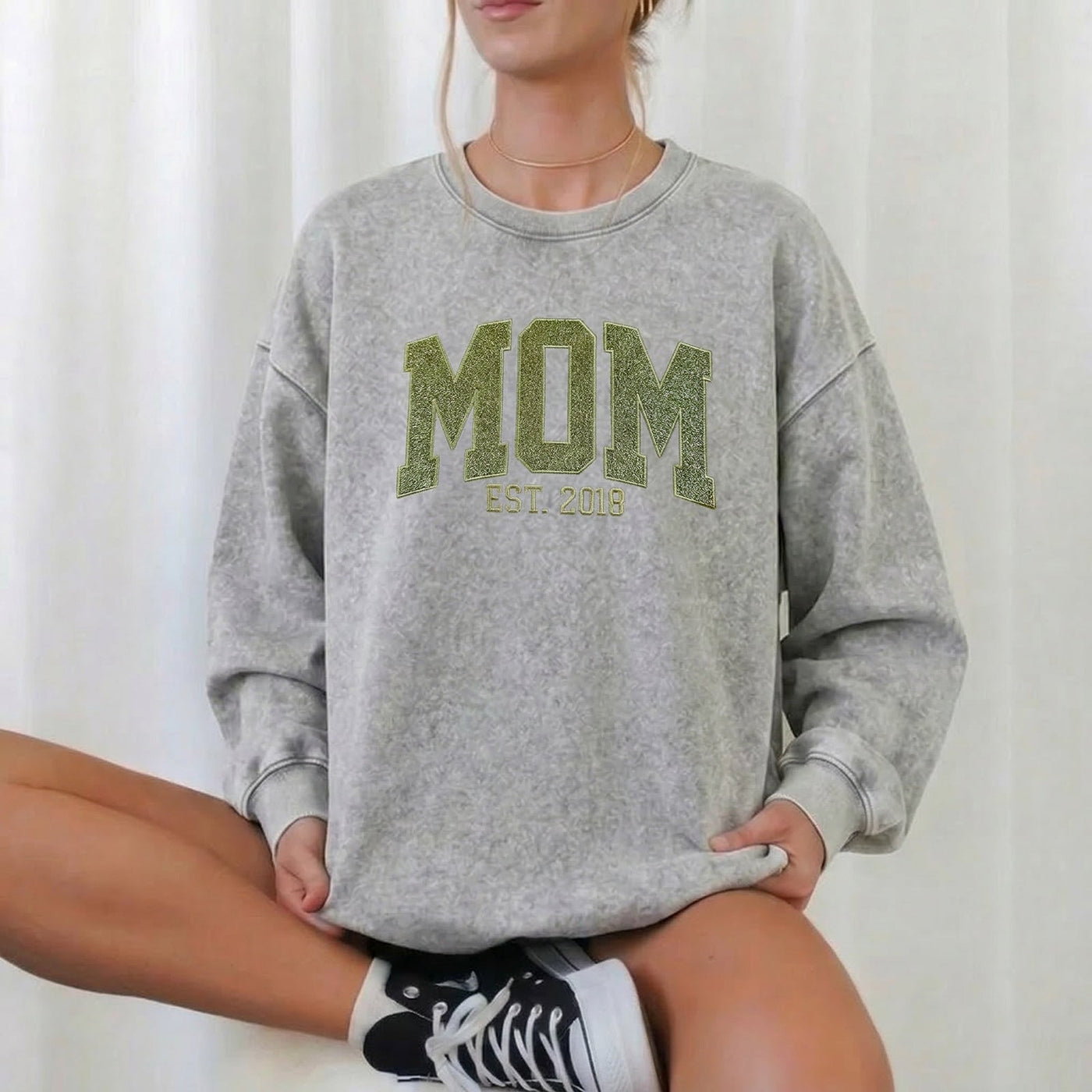 Custom Embroidered Applique Glitter Mama Washed Sweatshirt - Gift for Mom