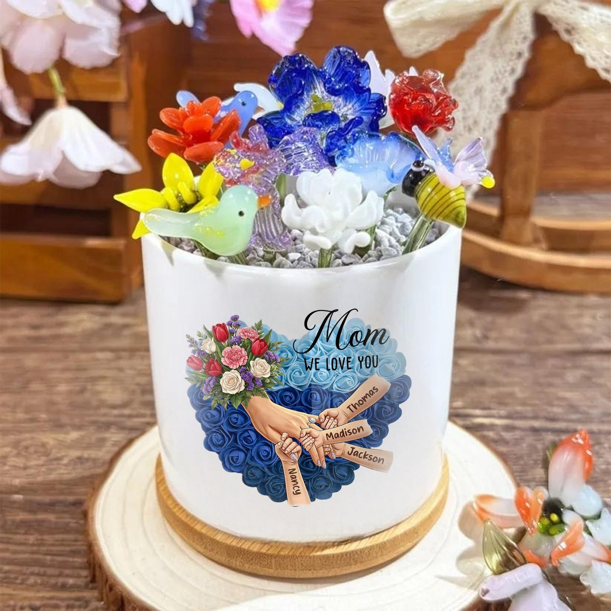 Personalized Large Tulips, White Roses, and Carnations Plant Pot-Personalized Mom Holding Hands|Best Mother's Day Gift– Timeless Gift for Every Home
