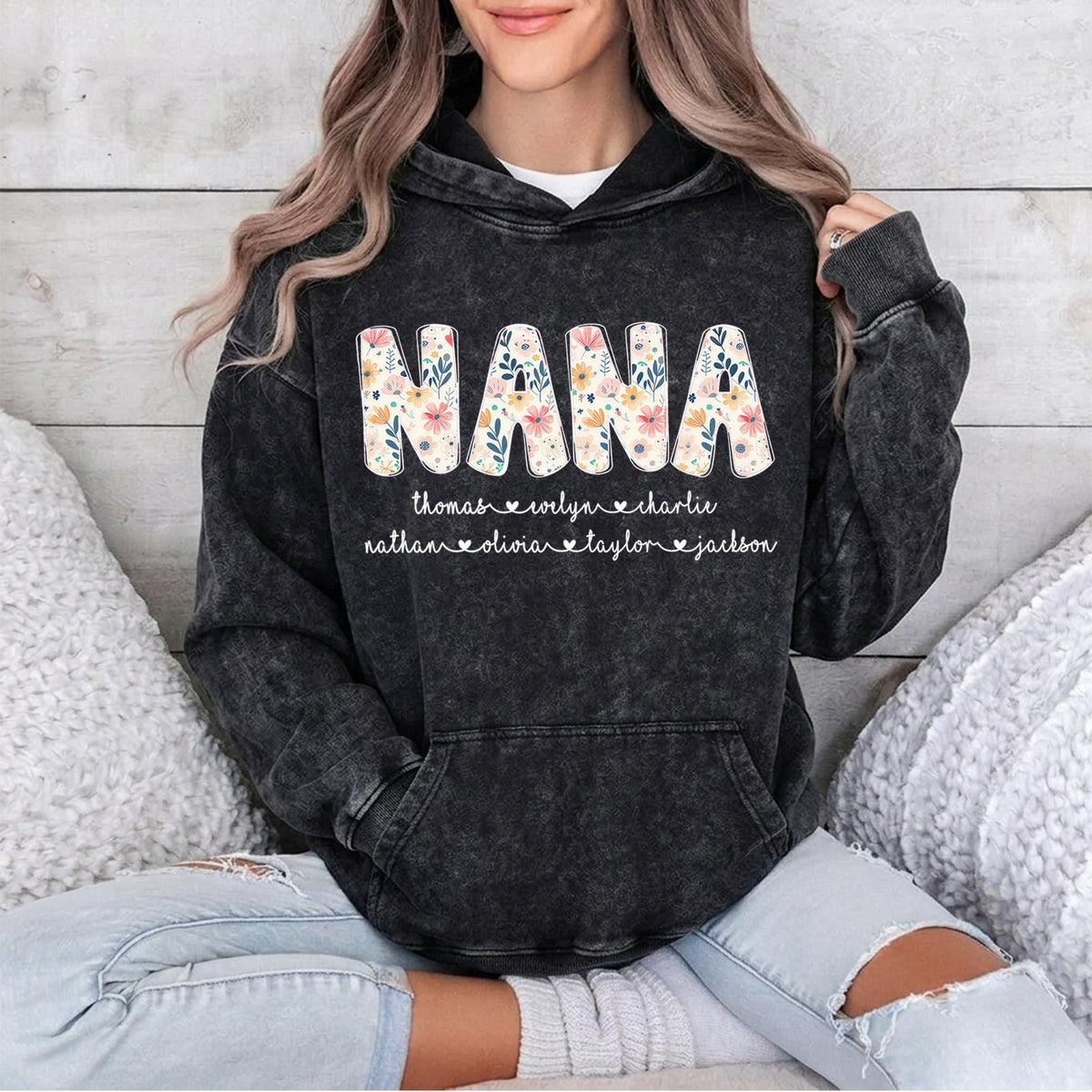 Personalized Nana Vintage Washed Sweatshirt with Grandkids' Names - Floral Grandma Gift
