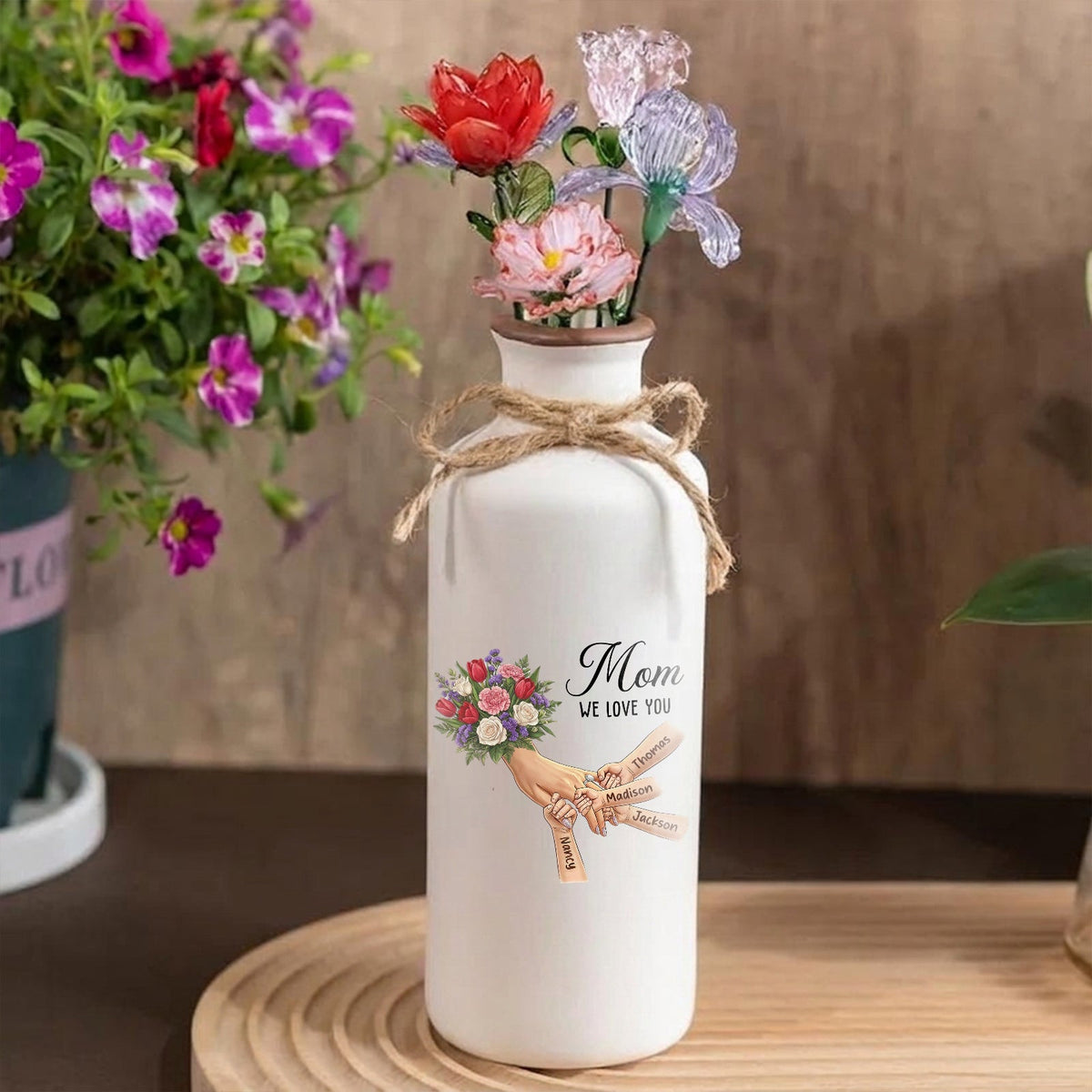 Personalized "Tulips, White Roses, and Carnations" Vase-Personalized Mom Holding Hands|Best Mother's Day Gift– Timeless Gift for Every Home