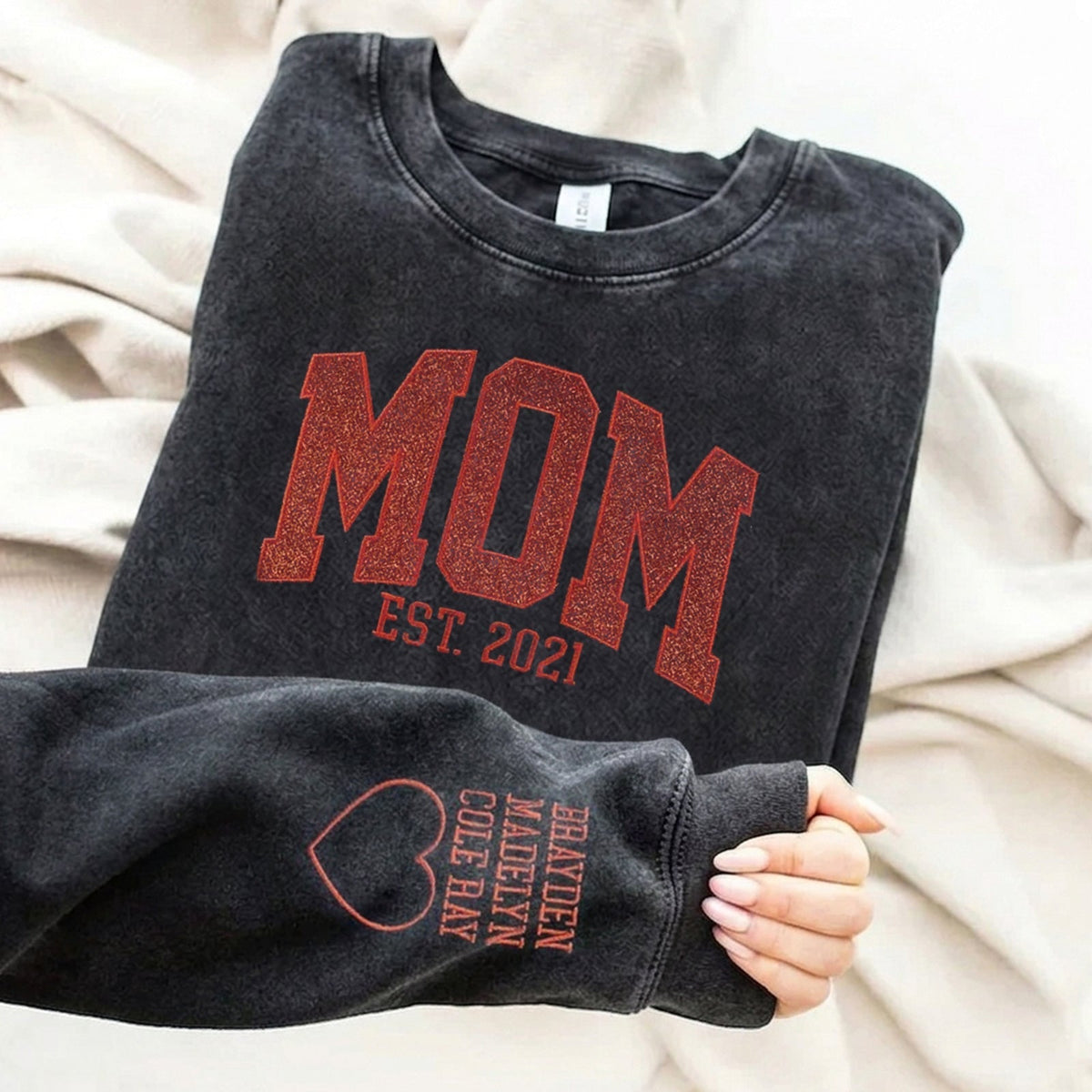 Custom Embroidered Applique Glitter Mama Washed Sweatshirt - Gift for Mom