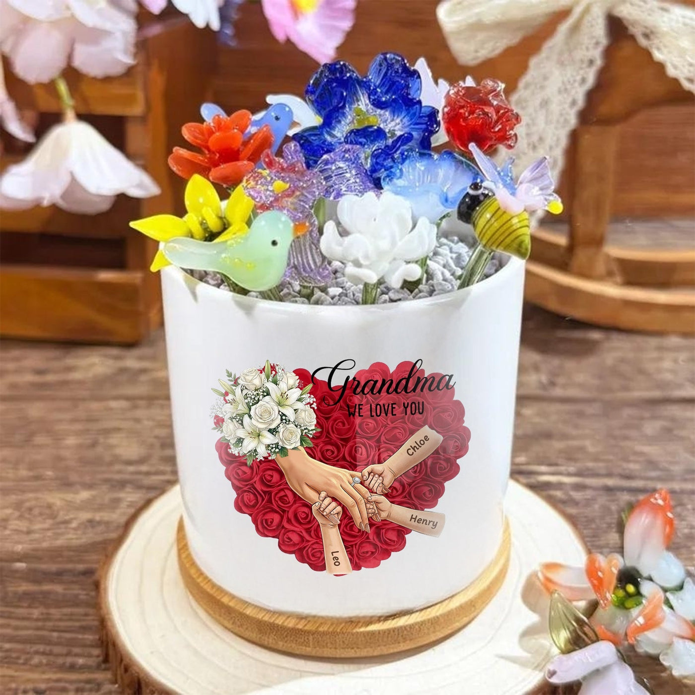 Personalized White Lily & White Rose Plant Pot-Personalized Mom Holding Hands|Best Mother's Day Gift– Timeless Gift for Every Home
