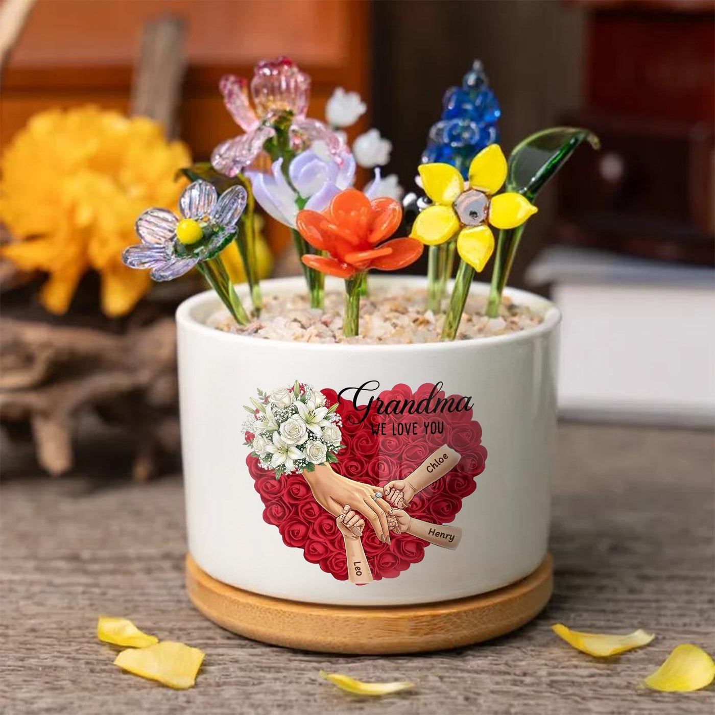 Personalized Large White Lily & White Rose Plant Pot-Personalized Mom Holding Hands|Best Mother's Day Gift– Timeless Gift for Every Home
